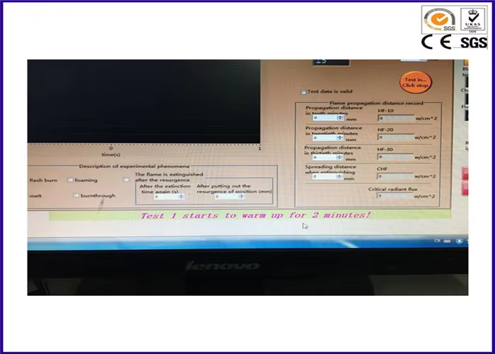 Appareil d'essai de flux de chaleur radiante pour revêtements de sol conforme aux normes ISO 9239-1 ASTM E 846 avec hauteur de flamme réglable de 60 à 120 mm et mesure du flux de chaleur de 0 à 15 kW/m2